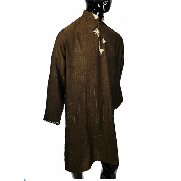 Vintage Traditional Embroidered Brown Metallic Thread Kurta Sherwani Large - Picture 4 of 6